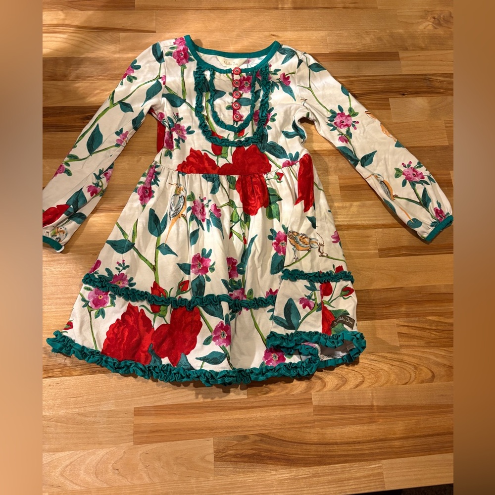 Floral Kids Dress with Red and Green Accents